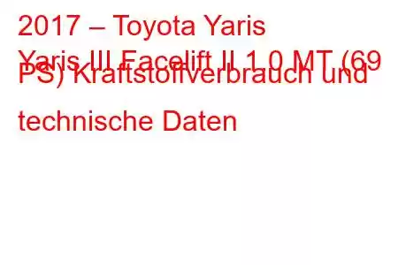 2017 – Toyota Yaris
Yaris III Facelift II 1.0 MT (69 PS) Kraftstoffverbrauch und technische Daten