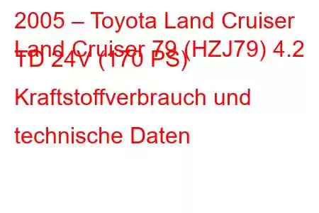 2005 – Toyota Land Cruiser
Land Cruiser 79 (HZJ79) 4.2 TD 24V (170 PS) Kraftstoffverbrauch und technische Daten