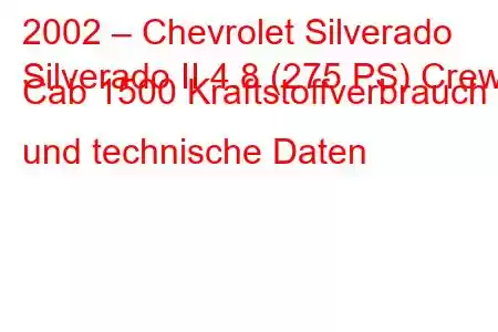 2002 – Chevrolet Silverado
Silverado II 4.8 (275 PS) Crew Cab 1500 Kraftstoffverbrauch und technische Daten