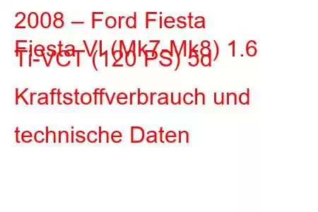 2008 – Ford Fiesta
Fiesta VI (Mk7-Mk8) 1.6 Ti-VCT (120 PS) 5d Kraftstoffverbrauch und technische Daten