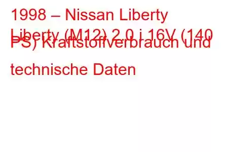 1998 – Nissan Liberty
Liberty (M12) 2.0 i 16V (140 PS) Kraftstoffverbrauch und technische Daten