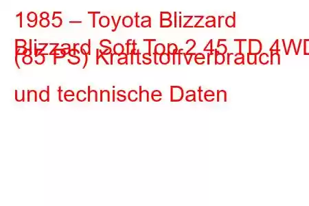 1985 – Toyota Blizzard
Blizzard Soft Top 2.45 TD 4WD (85 PS) Kraftstoffverbrauch und technische Daten