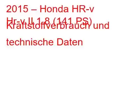 2015 – Honda HR-v
Hr-v II 1.8 (141 PS) Kraftstoffverbrauch und technische Daten