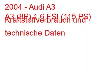 2004 - Audi A3
A3 (8P) 1.6 FSI (115 PS) Kraftstoffverbrauch und technische Daten