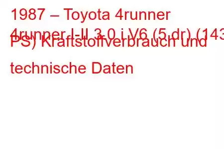 1987 – Toyota 4runner
4runner I-II 3.0 i V6 (5 dr) (143 PS) Kraftstoffverbrauch und technische Daten