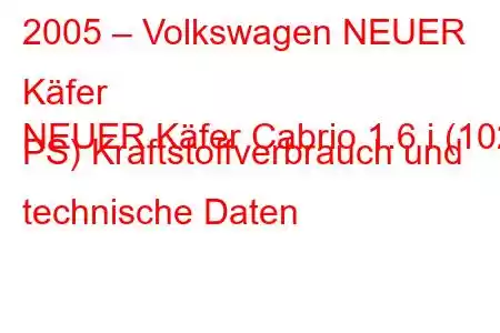 2005 – Volkswagen NEUER Käfer
NEUER Käfer Cabrio 1.6 i (102 PS) Kraftstoffverbrauch und technische Daten