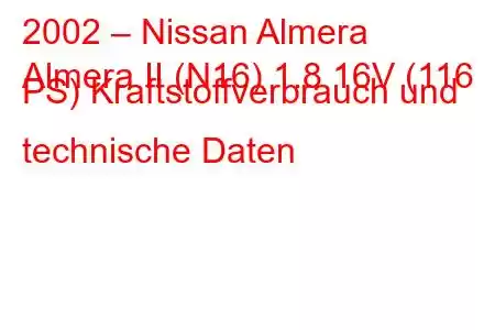 2002 – Nissan Almera
Almera II (N16) 1.8 16V (116 PS) Kraftstoffverbrauch und technische Daten