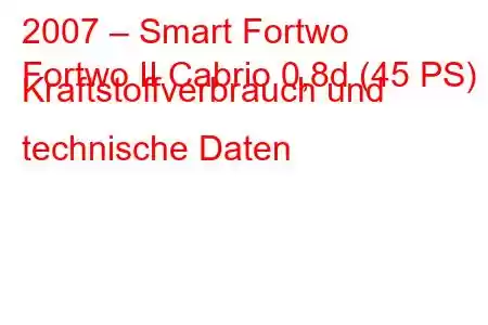 2007 – Smart Fortwo
Fortwo II Cabrio 0,8d (45 PS) Kraftstoffverbrauch und technische Daten