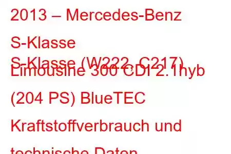 2013 – Mercedes-Benz S-Klasse
S-Klasse (W222, C217) Limousine 300 CDI 2.1hyb (204 PS) BlueTEC Kraftstoffverbrauch und technische Daten