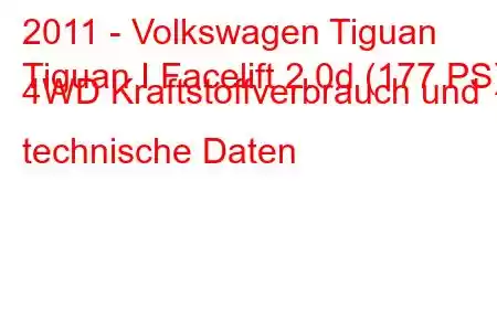 2011 - Volkswagen Tiguan
Tiguan I Facelift 2.0d (177 PS) 4WD Kraftstoffverbrauch und technische Daten