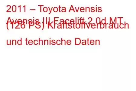 2011 – Toyota Avensis
Avensis III Facelift 2.0d MT (126 PS) Kraftstoffverbrauch und technische Daten