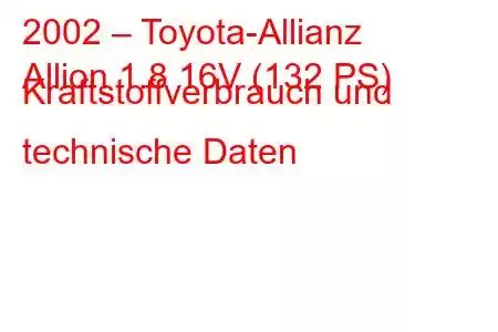 2002 – Toyota-Allianz
Allion 1.8 16V (132 PS) Kraftstoffverbrauch und technische Daten