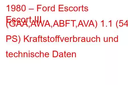 1980 – Ford Escorts
Escort III (GAA,AWA,ABFT,AVA) 1.1 (54 PS) Kraftstoffverbrauch und technische Daten