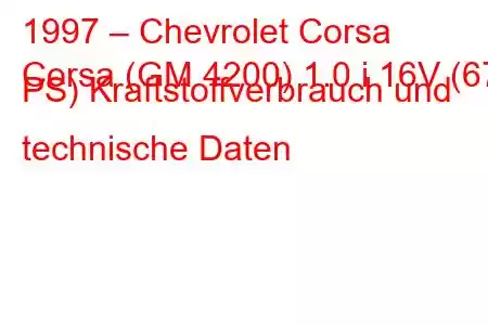 1997 – Chevrolet Corsa
Corsa (GM 4200) 1.0 i 16V (67 PS) Kraftstoffverbrauch und technische Daten