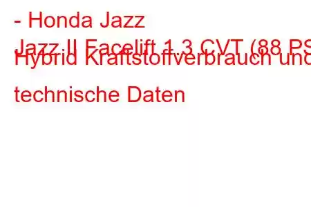 - Honda Jazz
Jazz II Facelift 1.3 CVT (88 PS) Hybrid Kraftstoffverbrauch und technische Daten