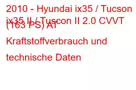 2010 - Hyundai ix35 / Tucson
ix35 II / Tuscon II 2.0 CVVT (163 PS) AT Kraftstoffverbrauch und technische Daten