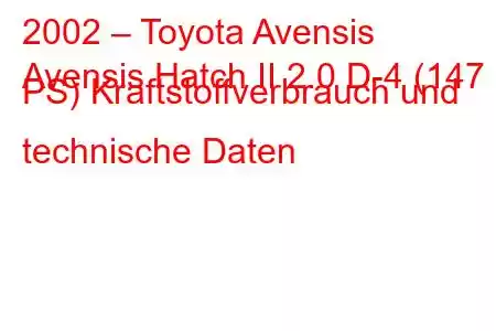 2002 – Toyota Avensis
Avensis Hatch II 2.0 D-4 (147 PS) Kraftstoffverbrauch und technische Daten