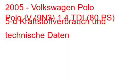 2005 - Volkswagen Polo
Polo IV (9N3) 1.4 TDI (80 PS) 5-d Kraftstoffverbrauch und technische Daten