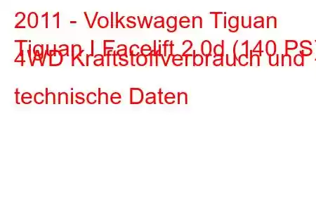 2011 - Volkswagen Tiguan
Tiguan I Facelift 2.0d (140 PS) 4WD Kraftstoffverbrauch und technische Daten