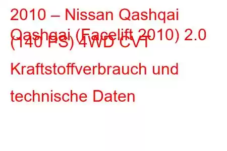 2010 – Nissan Qashqai
Qashqai (Facelift 2010) 2.0 (140 PS) 4WD CVT Kraftstoffverbrauch und technische Daten