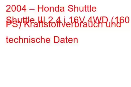 2004 – Honda Shuttle
Shuttle III 2.4 i 16V 4WD (160 PS) Kraftstoffverbrauch und technische Daten