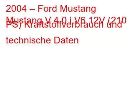 2004 – Ford Mustang
Mustang V 4.0 i V6 12V (210 PS) Kraftstoffverbrauch und technische Daten