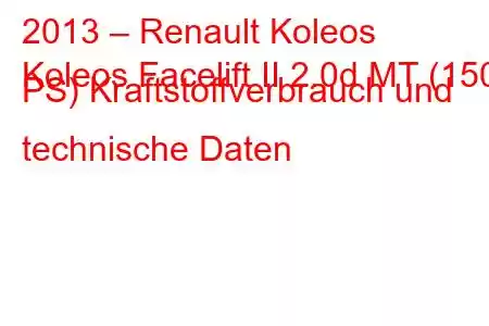 2013 – Renault Koleos
Koleos Facelift II 2.0d MT (150 PS) Kraftstoffverbrauch und technische Daten