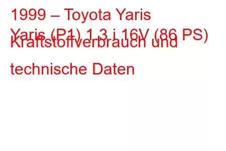 1999 – Toyota Yaris
Yaris (P1) 1.3 i 16V (86 PS) Kraftstoffverbrauch und technische Daten