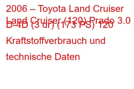 2006 – Toyota Land Cruiser
Land Cruiser (120) Prado 3.0 D-4D (3 dr) (173 PS) 120 Kraftstoffverbrauch und technische Daten