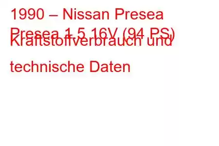 1990 – Nissan Presea
Presea 1.5 16V (94 PS) Kraftstoffverbrauch und technische Daten