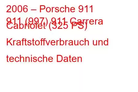 2006 – Porsche 911
911 (997) 911 Carrera Cabriolet (325 PS) Kraftstoffverbrauch und technische Daten