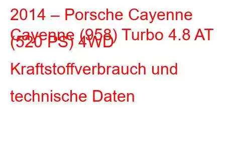 2014 – Porsche Cayenne
Cayenne (958) Turbo 4.8 AT (520 PS) 4WD Kraftstoffverbrauch und technische Daten