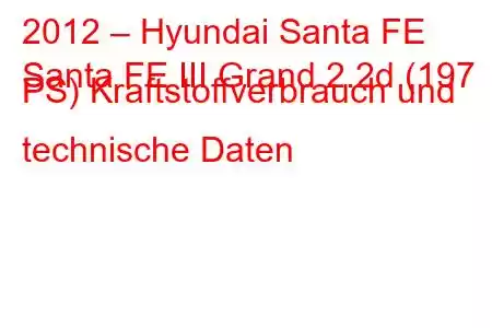 2012 – Hyundai Santa FE
Santa FE III Grand 2.2d (197 PS) Kraftstoffverbrauch und technische Daten