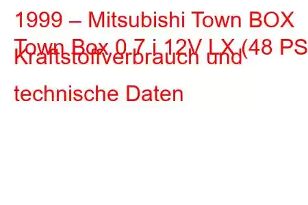 1999 – Mitsubishi Town BOX
Town Box 0.7 i 12V LX (48 PS) Kraftstoffverbrauch und technische Daten