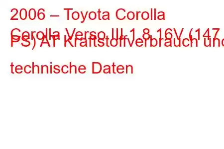 2006 – Toyota Corolla
Corolla Verso III 1.8 16V (147 PS) AT Kraftstoffverbrauch und technische Daten