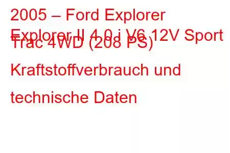 2005 – Ford Explorer
Explorer II 4.0 i V6 12V Sport Trac 4WD (208 PS) Kraftstoffverbrauch und technische Daten