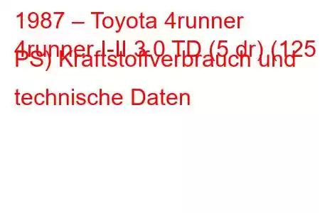 1987 – Toyota 4runner
4runner I-II 3.0 TD (5 dr) (125 PS) Kraftstoffverbrauch und technische Daten