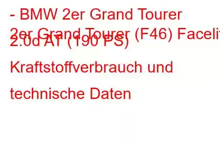 - BMW 2er Grand Tourer
2er Grand Tourer (F46) Facelift 2.0d AT (190 PS) Kraftstoffverbrauch und technische Daten