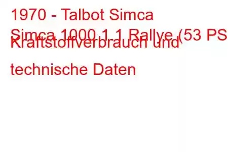 1970 - Talbot Simca
Simca 1000 1.1 Rallye (53 PS) Kraftstoffverbrauch und technische Daten