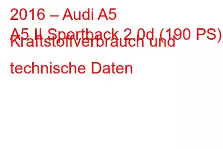 2016 – Audi A5
A5 II Sportback 2.0d (190 PS) Kraftstoffverbrauch und technische Daten