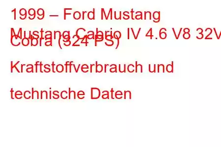 1999 – Ford Mustang
Mustang Cabrio IV 4.6 V8 32V Cobra (324 PS) Kraftstoffverbrauch und technische Daten