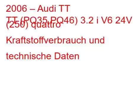 2006 – Audi TT
TT (PQ35,PQ46) 3.2 i V6 24V (250) quattro Kraftstoffverbrauch und technische Daten