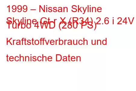 1999 – Nissan Skyline
Skyline Gt-r X (R34) 2.6 i 24V Turbo 4WD (280 PS) Kraftstoffverbrauch und technische Daten