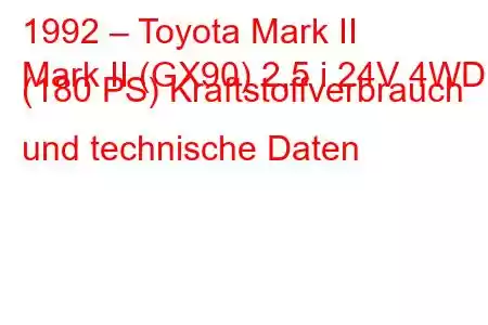 1992 – Toyota Mark II
Mark II (GX90) 2,5 i 24V 4WD (180 PS) Kraftstoffverbrauch und technische Daten