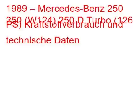 1989 – Mercedes-Benz 250
250 (W124) 250 D Turbo (126 PS) Kraftstoffverbrauch und technische Daten