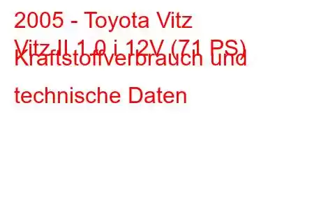 2005 - Toyota Vitz
Vitz II 1.0 i 12V (71 PS) Kraftstoffverbrauch und technische Daten