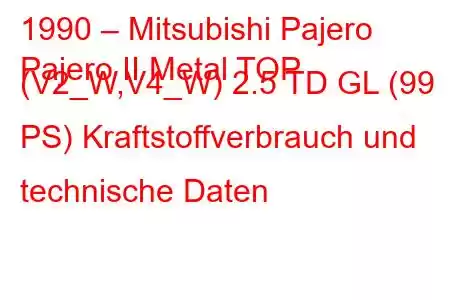 1990 – Mitsubishi Pajero
Pajero II Metal TOP (V2_W,V4_W) 2.5 TD GL (99 PS) Kraftstoffverbrauch und technische Daten