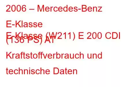 2006 – Mercedes-Benz E-Klasse
E-Klasse (W211) E 200 CDI (136 PS) AT Kraftstoffverbrauch und technische Daten