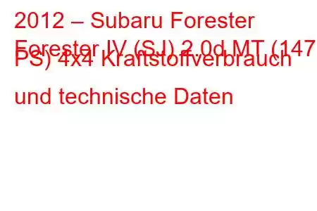 2012 – Subaru Forester
Forester IV (SJ) 2.0d MT (147 PS) 4x4 Kraftstoffverbrauch und technische Daten