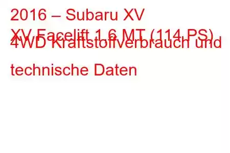 2016 – Subaru XV
XV Facelift 1,6 MT (114 PS) 4WD Kraftstoffverbrauch und technische Daten